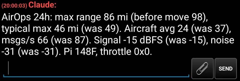 ATAK chat message from Claude reporting the last 24 hours of the aircraft receiver: range, aircraft count, signal and temperature