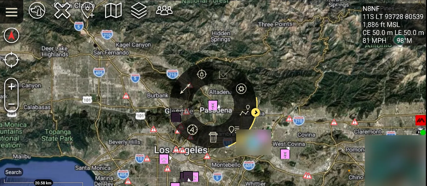 ATAK map of the Los Angeles basin with live aircraft and CHP incident markers, and an aircraft selected showing its callsign, altitude and speed