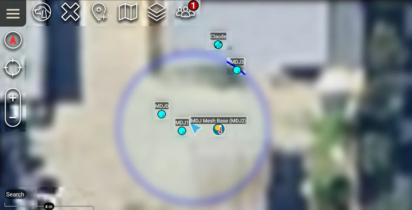 ATAK map showing MDJ mesh tags MDJ0, MDJ1 and MDJ3, the mesh base station and Claude, with a circle drawn around the team