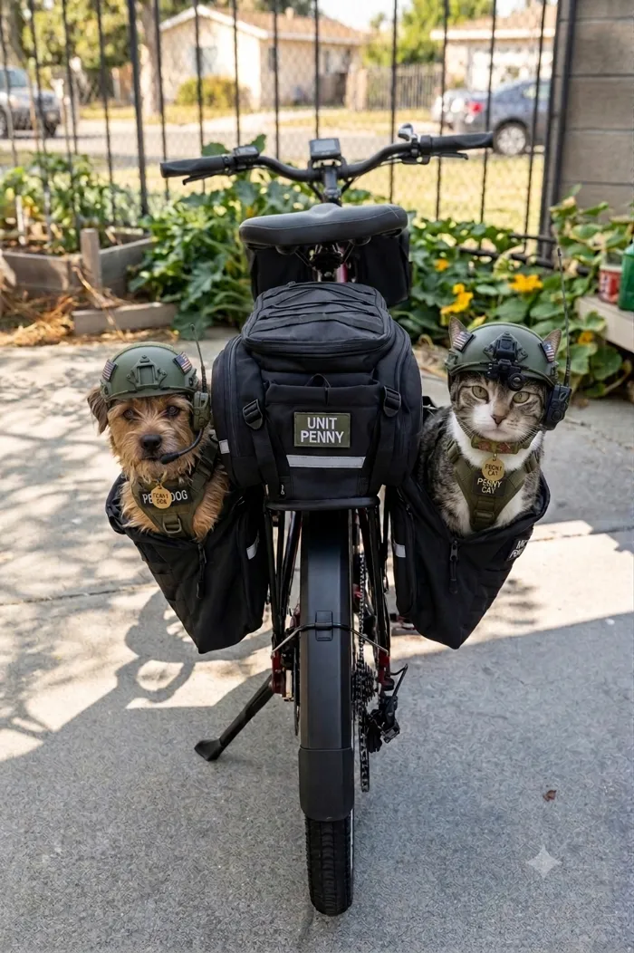 AI-made picture of a terrier and a tabby cat in tactical helmets riding in the saddlebags of an e-bike