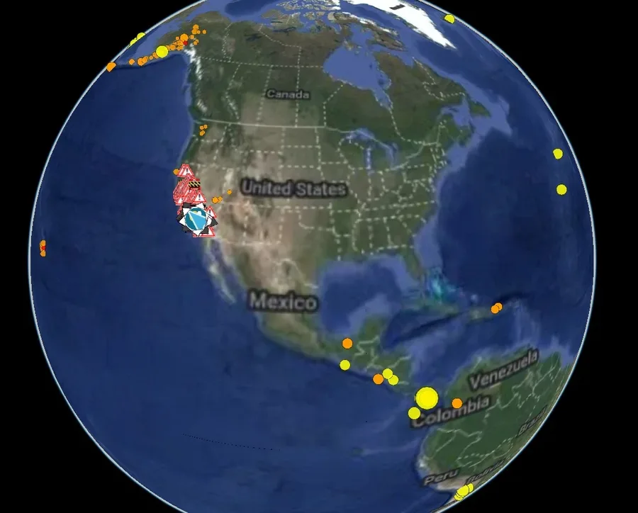 ATAK globe view showing earthquakes from Alaska to South America and California incident layers